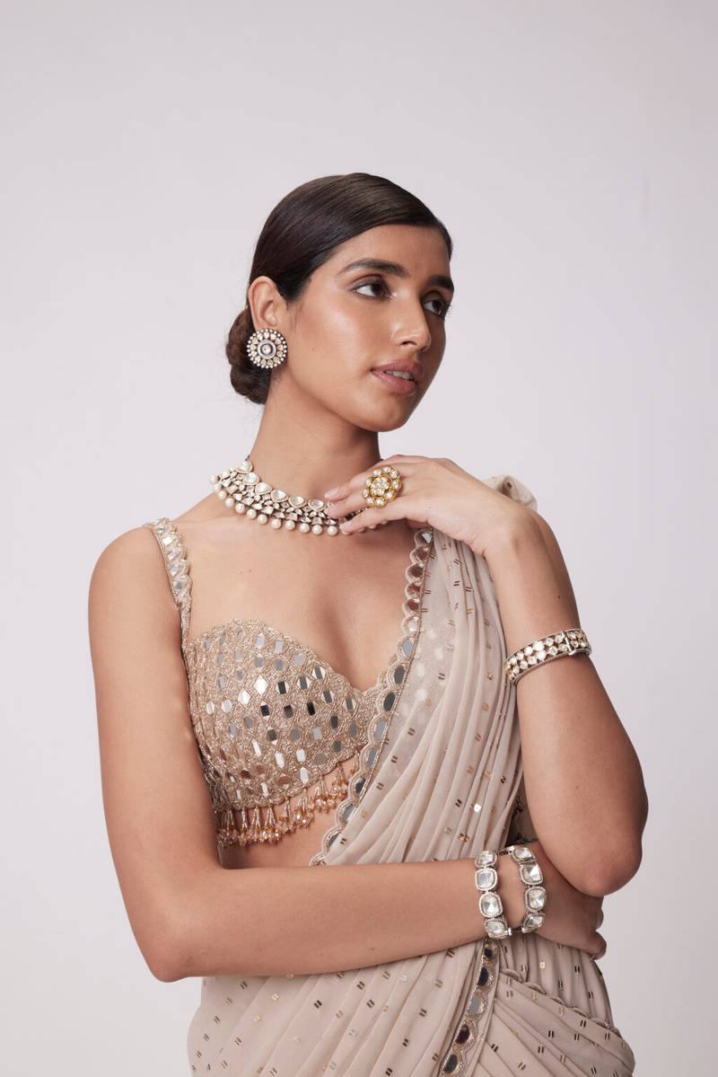Ready To Wear Faux Georgette Mirror Work Lehenga Saree with Unstitched Blouse | Wedding Outfits For Women