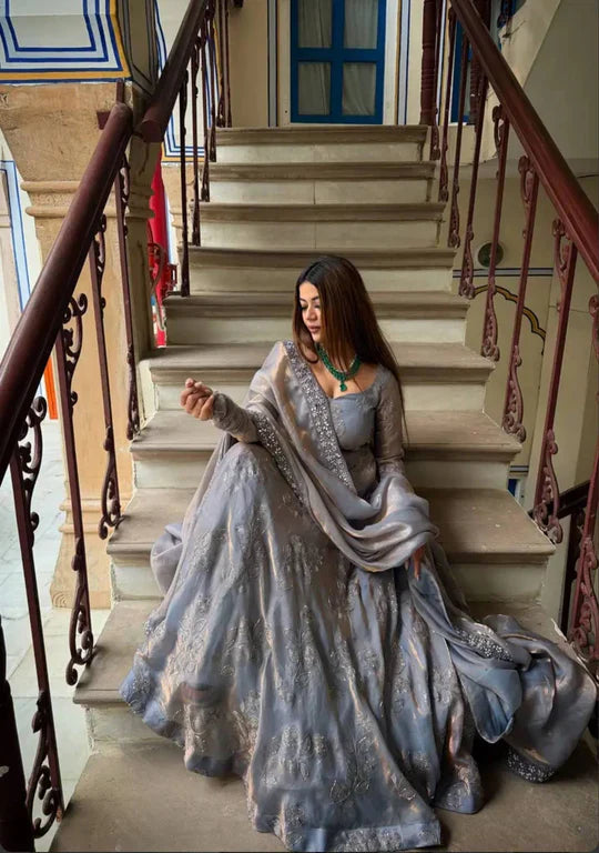 Heavy Fandy Silk Anarkali Plazzo Set Embroidery Party Wear