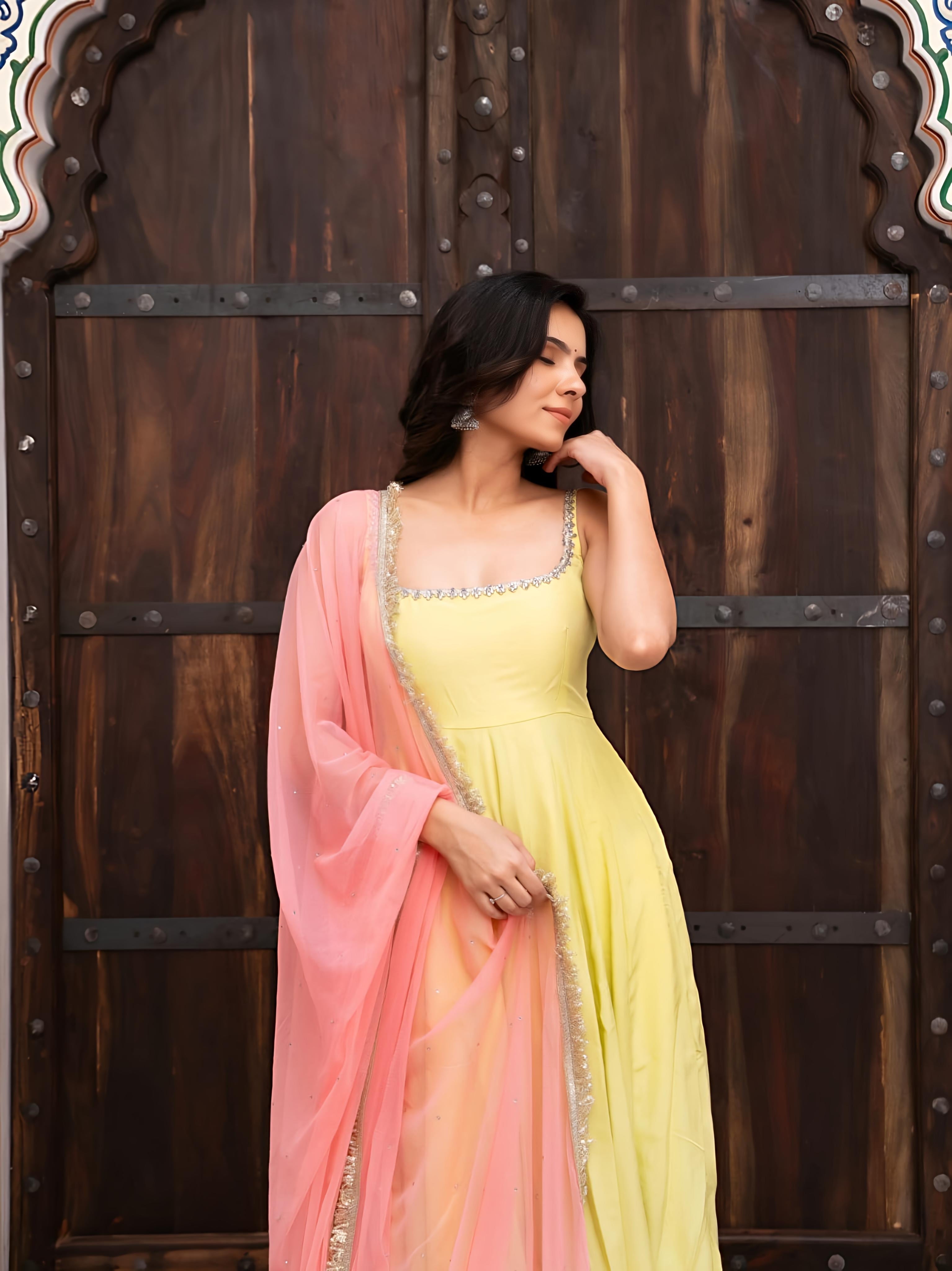 Sunshine Lemon Yellow Georgette Anarkali Suit Set with Embroidered Dupatta & Pant