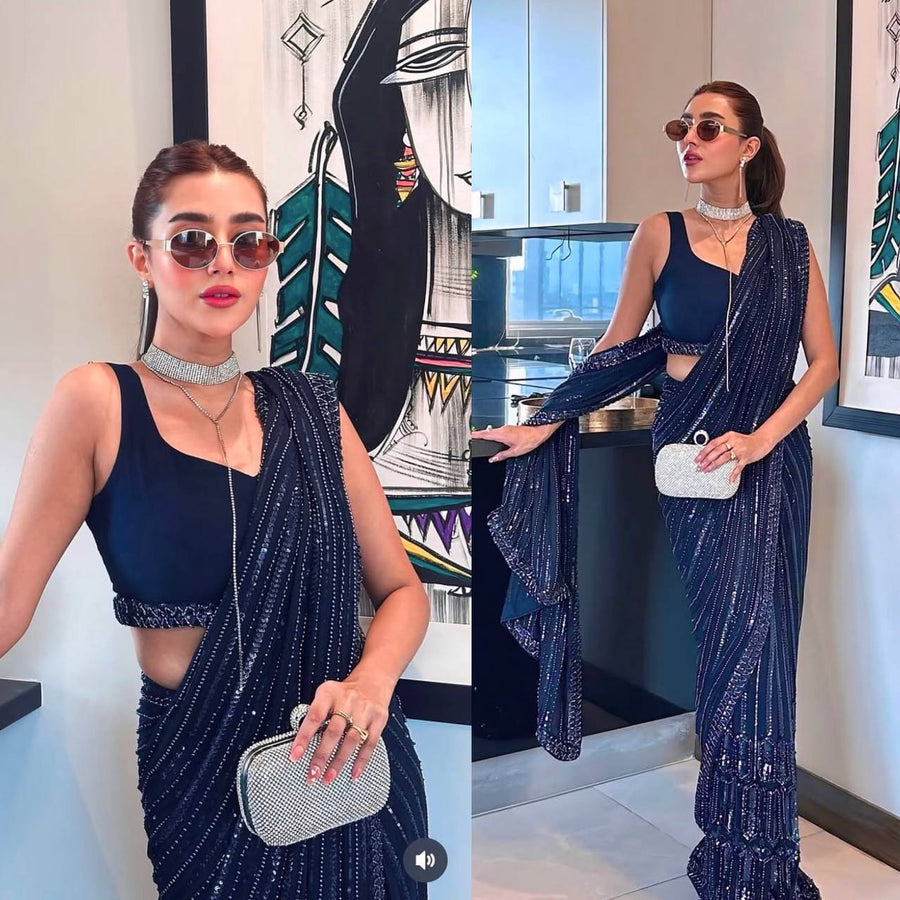 Navy Blue Georgette Partywear & Cocktail Saree With Sequins & Dori Embroidery | Wedding Outfits For Women