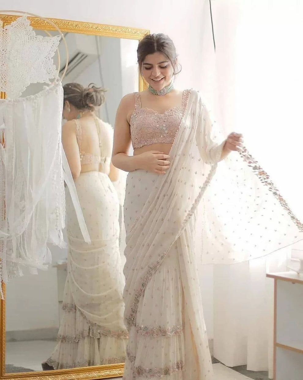 Party Wear Real Mirror Work Ruffle Ready To Wear Saree For Wedding | Ruffle Saree For Women
