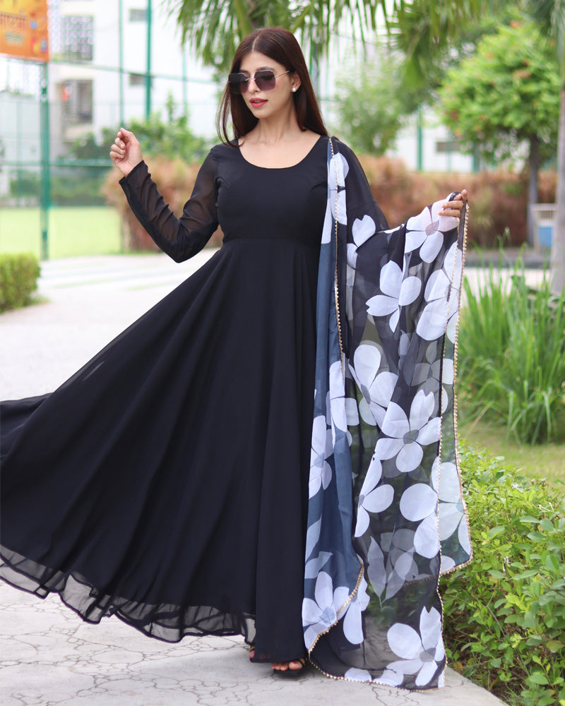 Black Color Soft Georgette Anarkali Gown For Women With Floral Printed Dupatta