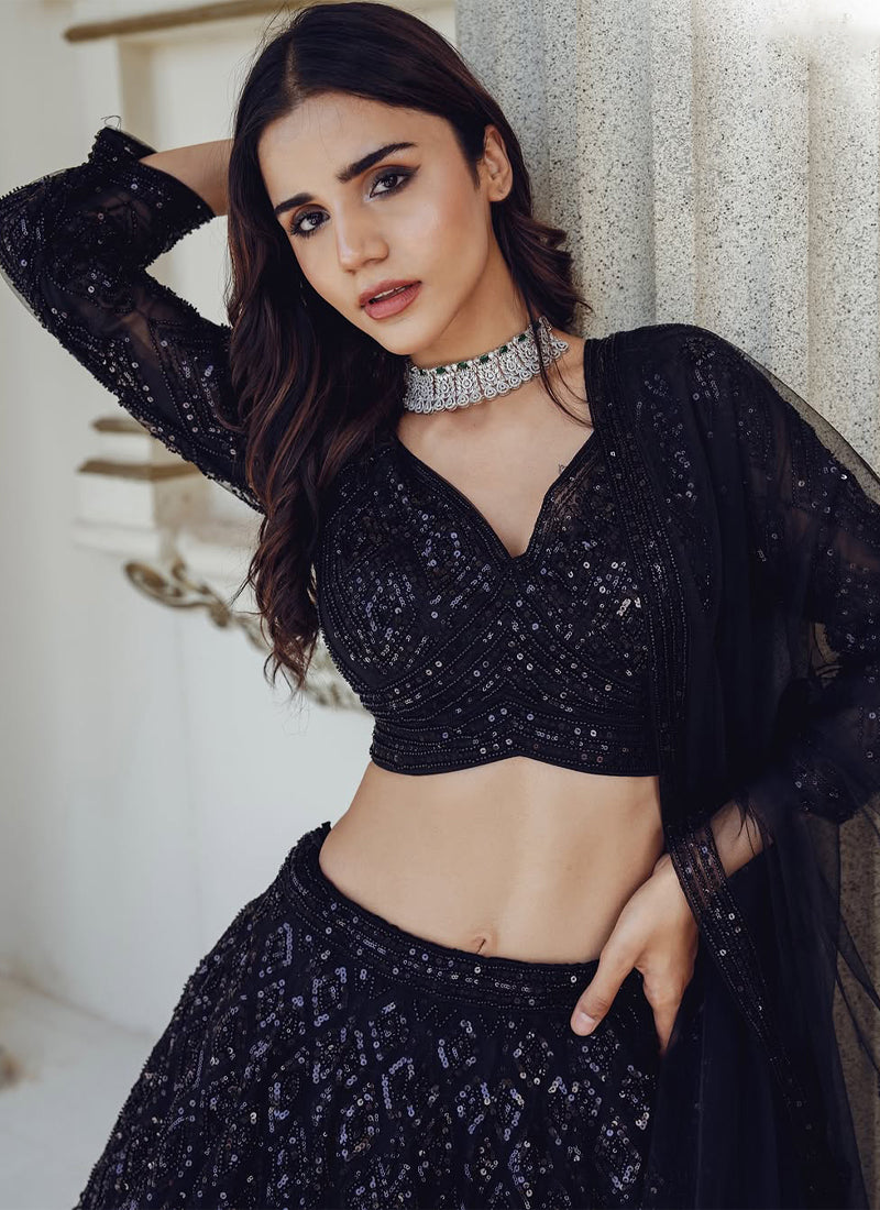 Black Designer Wedding Lehenga with Sequins & Dori Work For Women