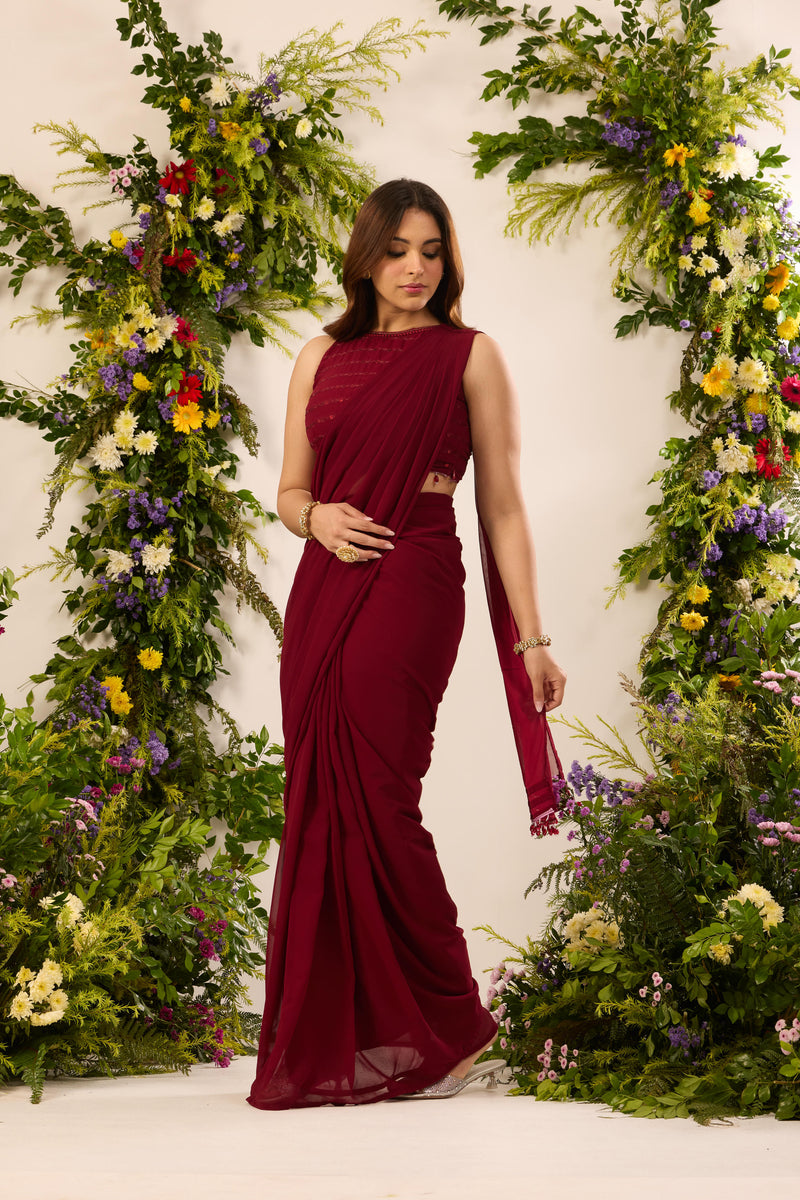 Wine Red Ready To Wear Saree With Sequins Blouse | Pre Draped Ready To Wear Saree For Wedding