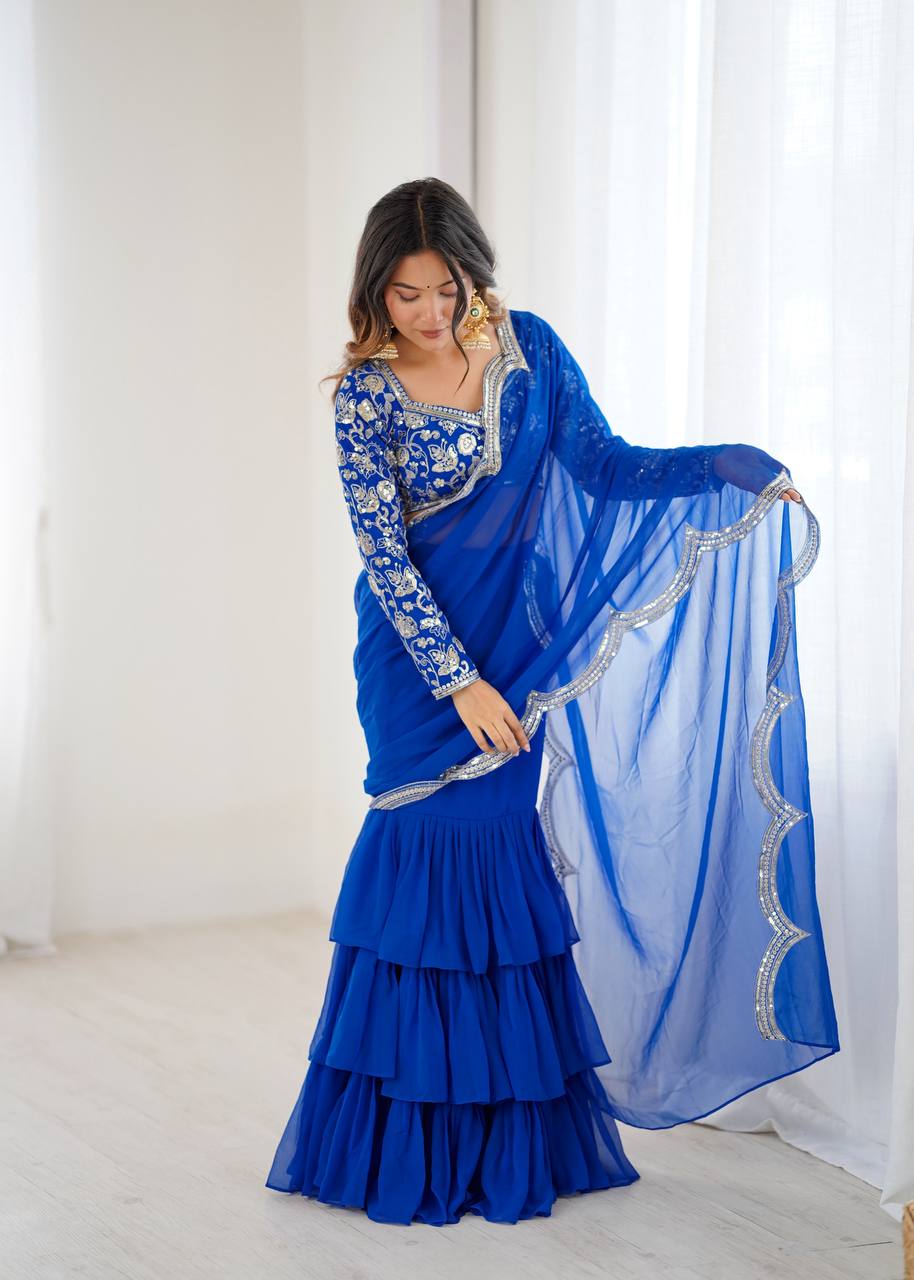 Party Wear Pre Draped Ready To Wear Ruffle Saree | Ready To Wear Saree For Wedding