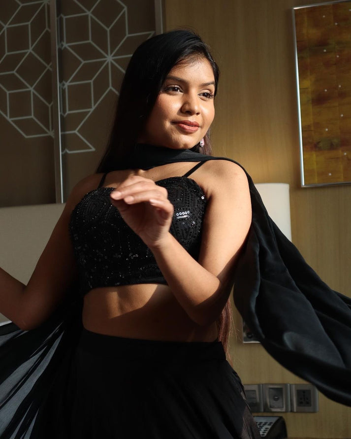 Black Wedding Satin Silk Full Stitched Lehenga For Women