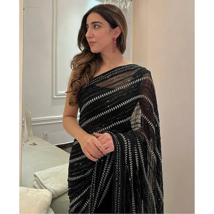 Cocktail Black Premium Georgette Party Wear Saree with Sequin Embroidery Work | Party Wear Saree For Women