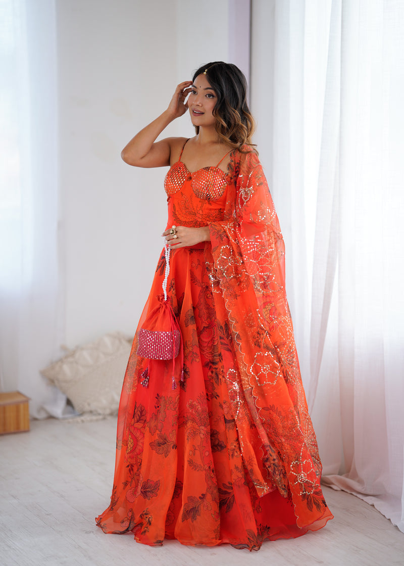 Rust Orange Floral Lehenga For Women | Haldi, Wedding & Festive Wear for Women