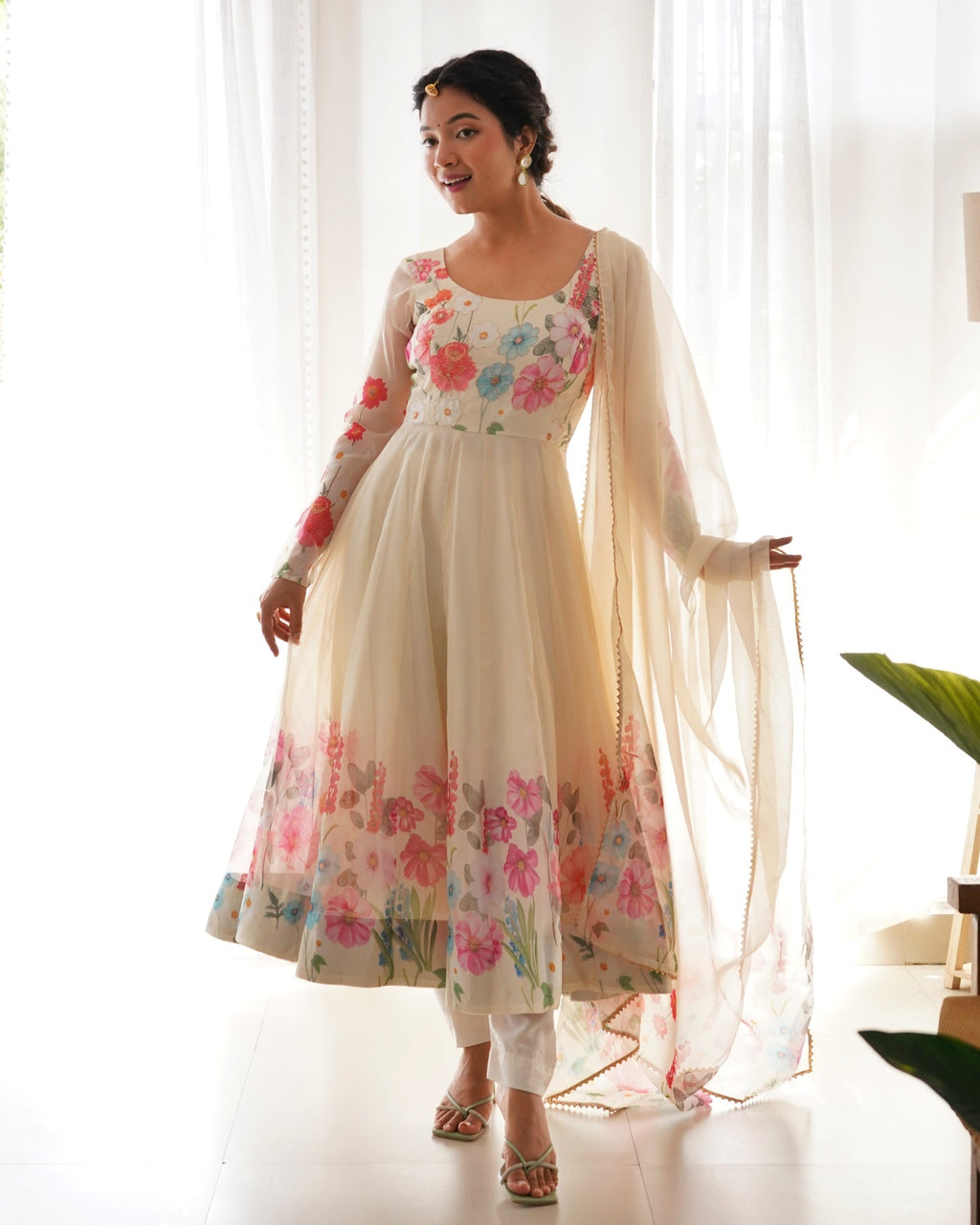 Digitally Printed & Embroidered Yoke Pure Soft Organza Anarkali Suit For Women