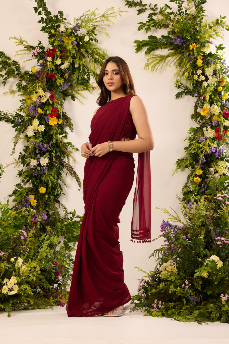 Wine Red Ready To Wear Saree With Sequins Blouse | Pre Draped Ready To Wear Saree For Wedding