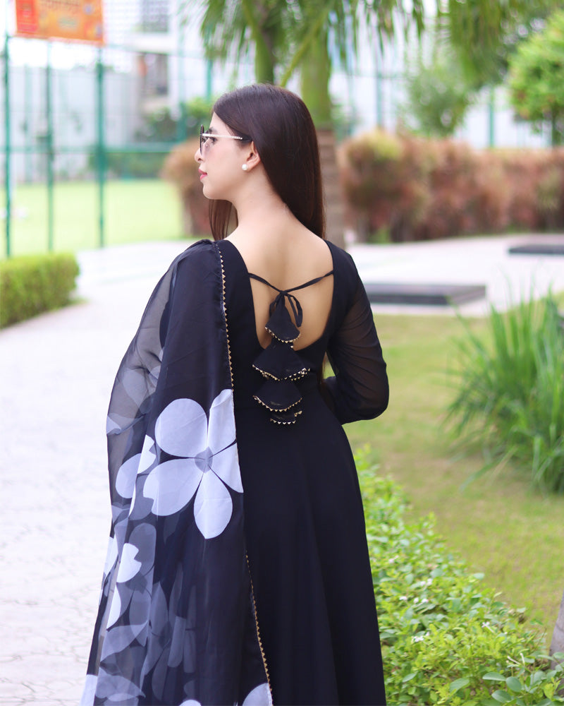 Black Color Soft Georgette Anarkali Gown For Women With Floral Printed Dupatta