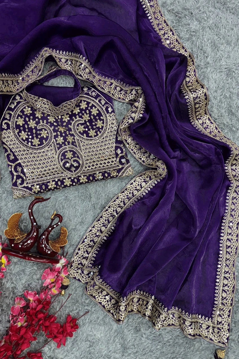 Party & Wedding Wear Designer Royal Purple Embroidered Sequin Saree with Mirror Work | Party Wear Saree For Women