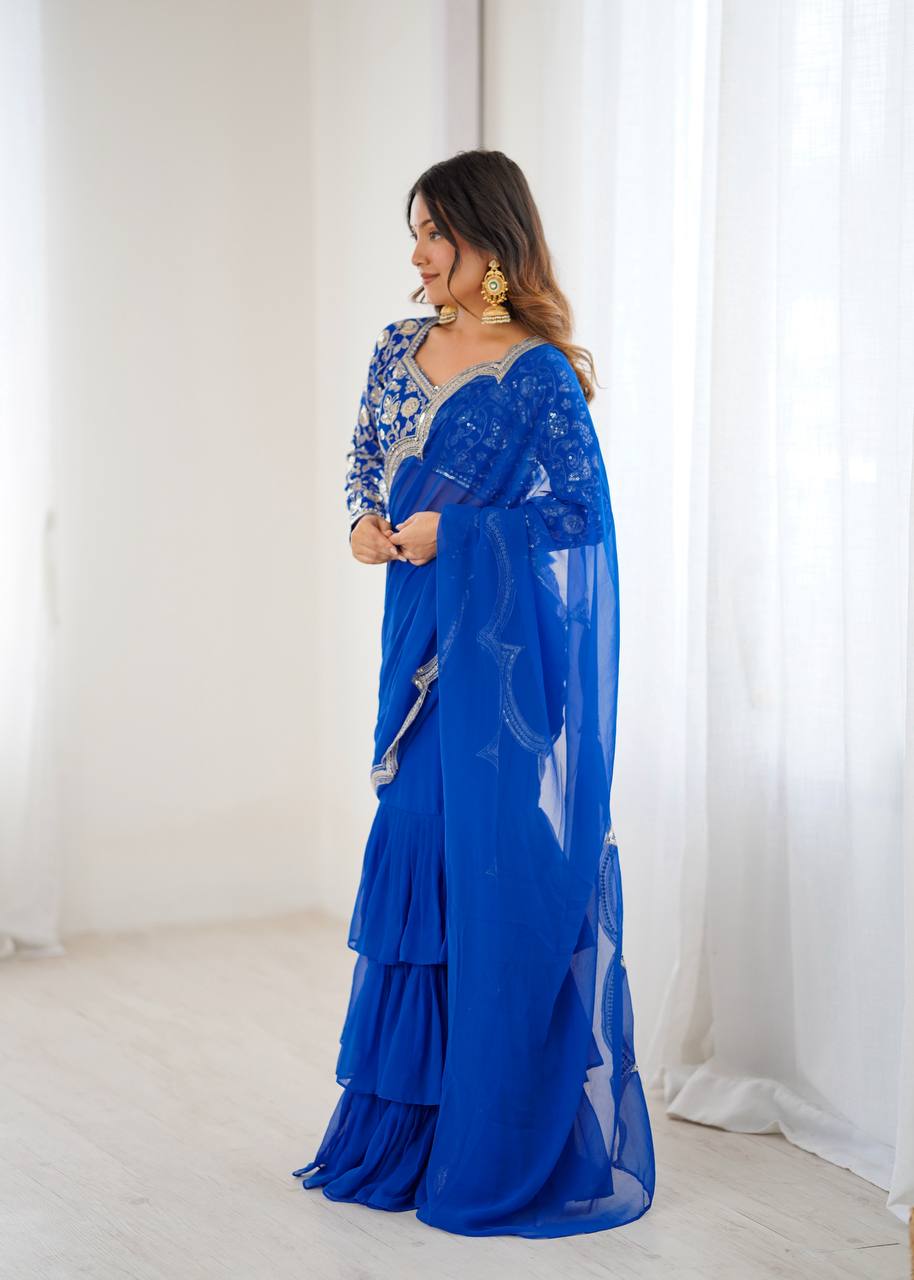 Party Wear Pre Draped Ready To Wear Ruffle Saree | Ready To Wear Saree For Wedding