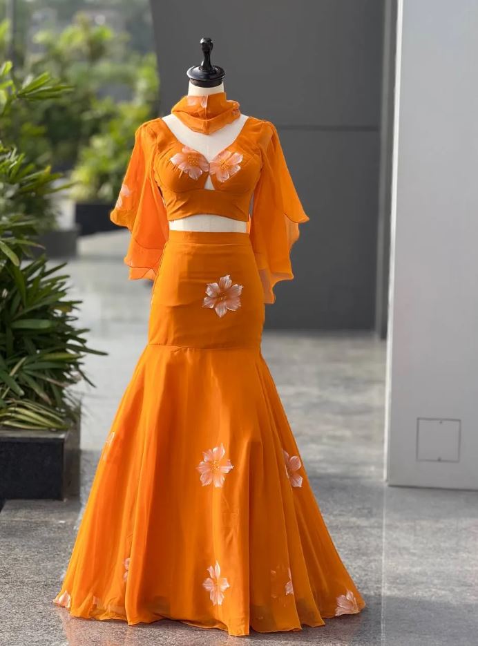 90’s Style Fully Stitched Orange Fish Cut Lehenga Choli For Haldi, Mehendi Wear
