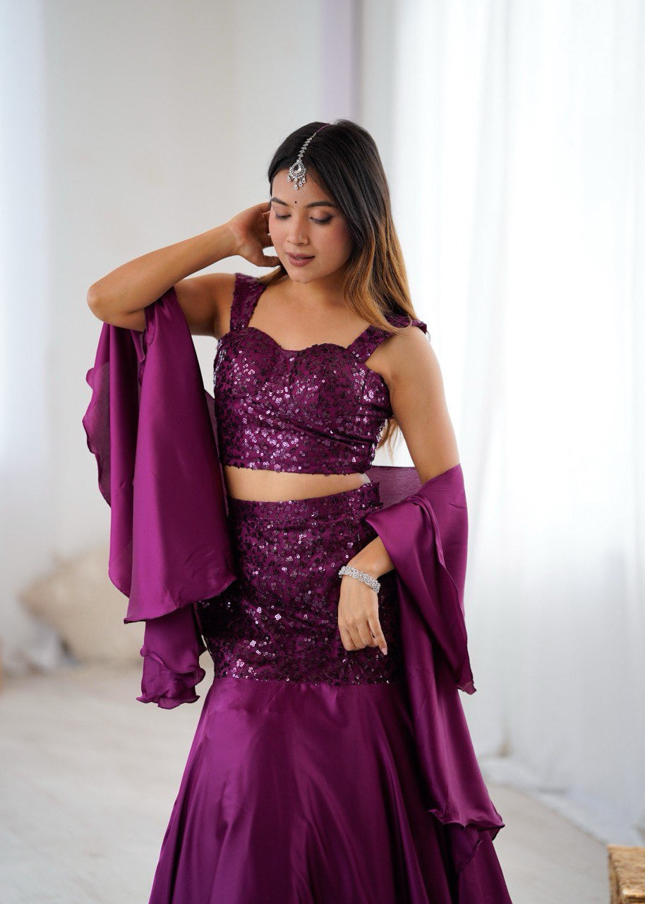 Wine Sequin Fish Cut Lehenga Choli Set with Dupatta | Fish Cut Lehenga For Women