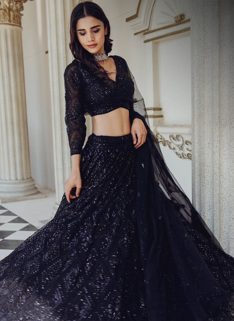 Black Designer Wedding Lehenga with Sequins & Dori Work For Women