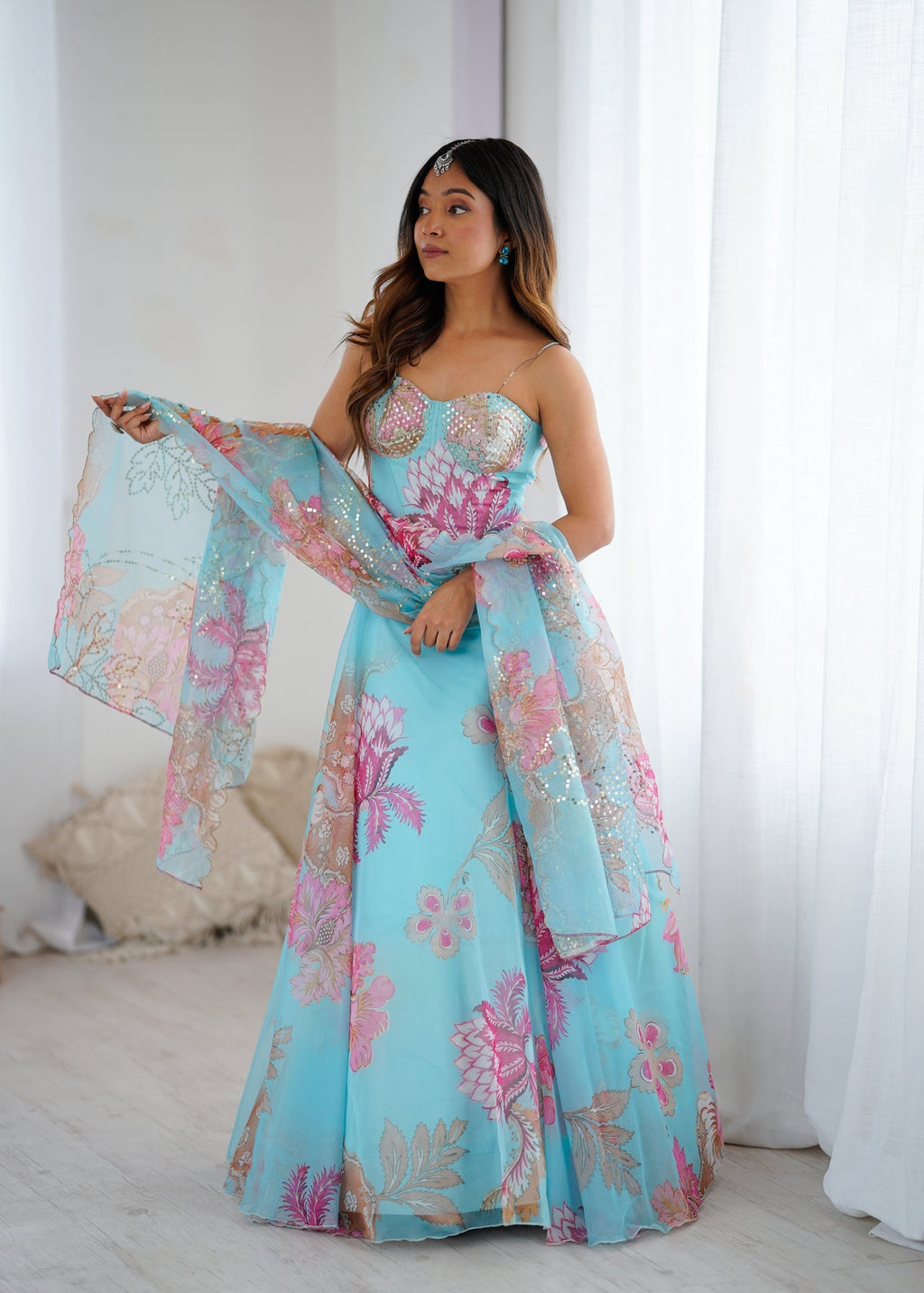 Modern Partywear Sky Blue Floral Full Stitched Lehenga Choli For Women | Mermaid Lehenga For Women