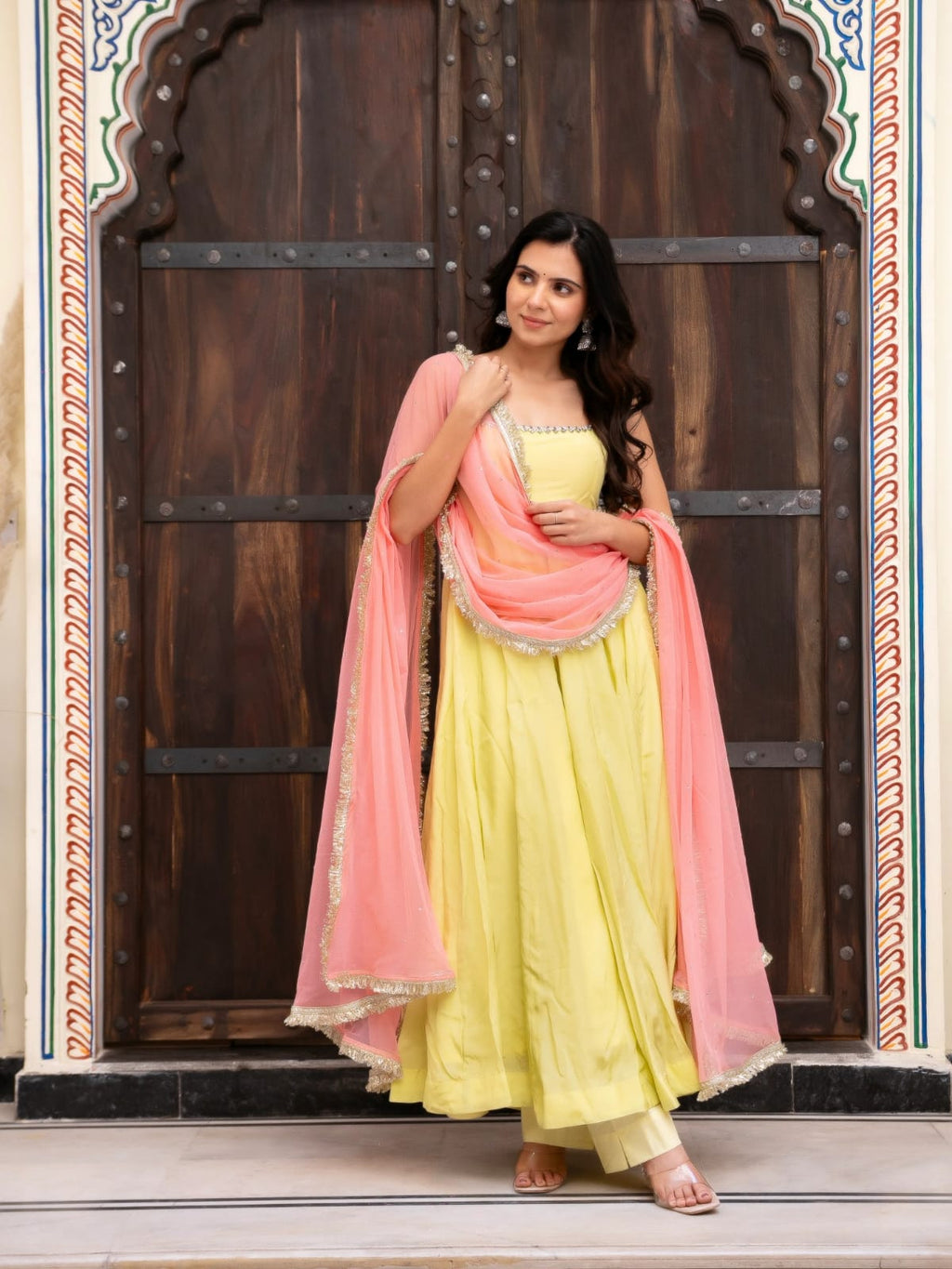 Sunshine Lemon Yellow Georgette Anarkali Suit Set with Embroidered Dupatta & Pant