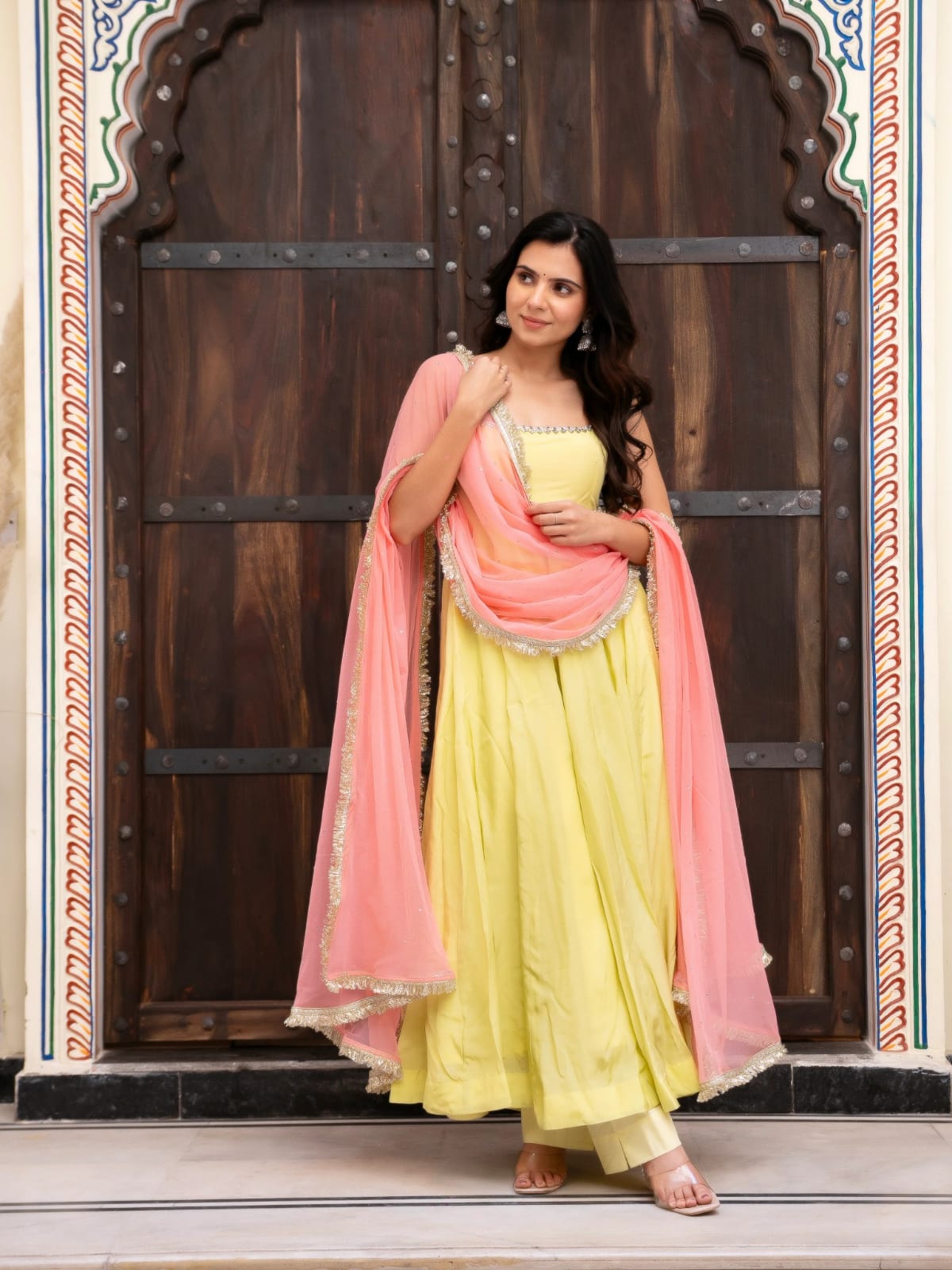 Sunshine Lemon Yellow Georgette Anarkali Suit Set with Embroidered Dupatta & Pant