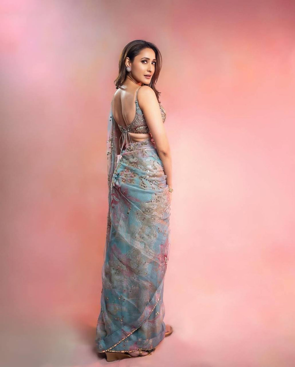 Pastel Aqua Blue Silk Saree with Mirror Work