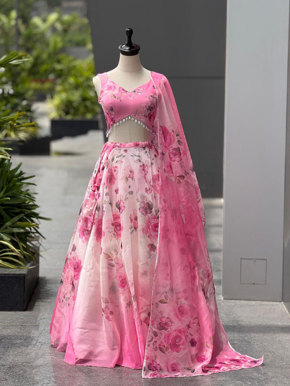 Pink Color Organza Silk Arti Chauhan Wear Fully Stiched Lehenga Choli With Potali Bag