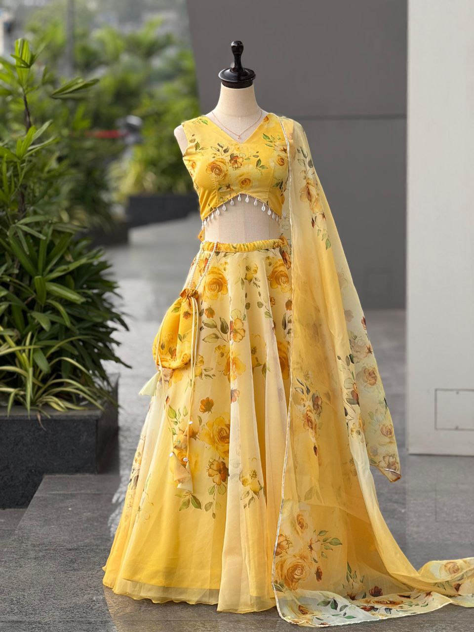 Yellow Color Organza Silk Fully Stiched Lehenga Choli With Potali Bag