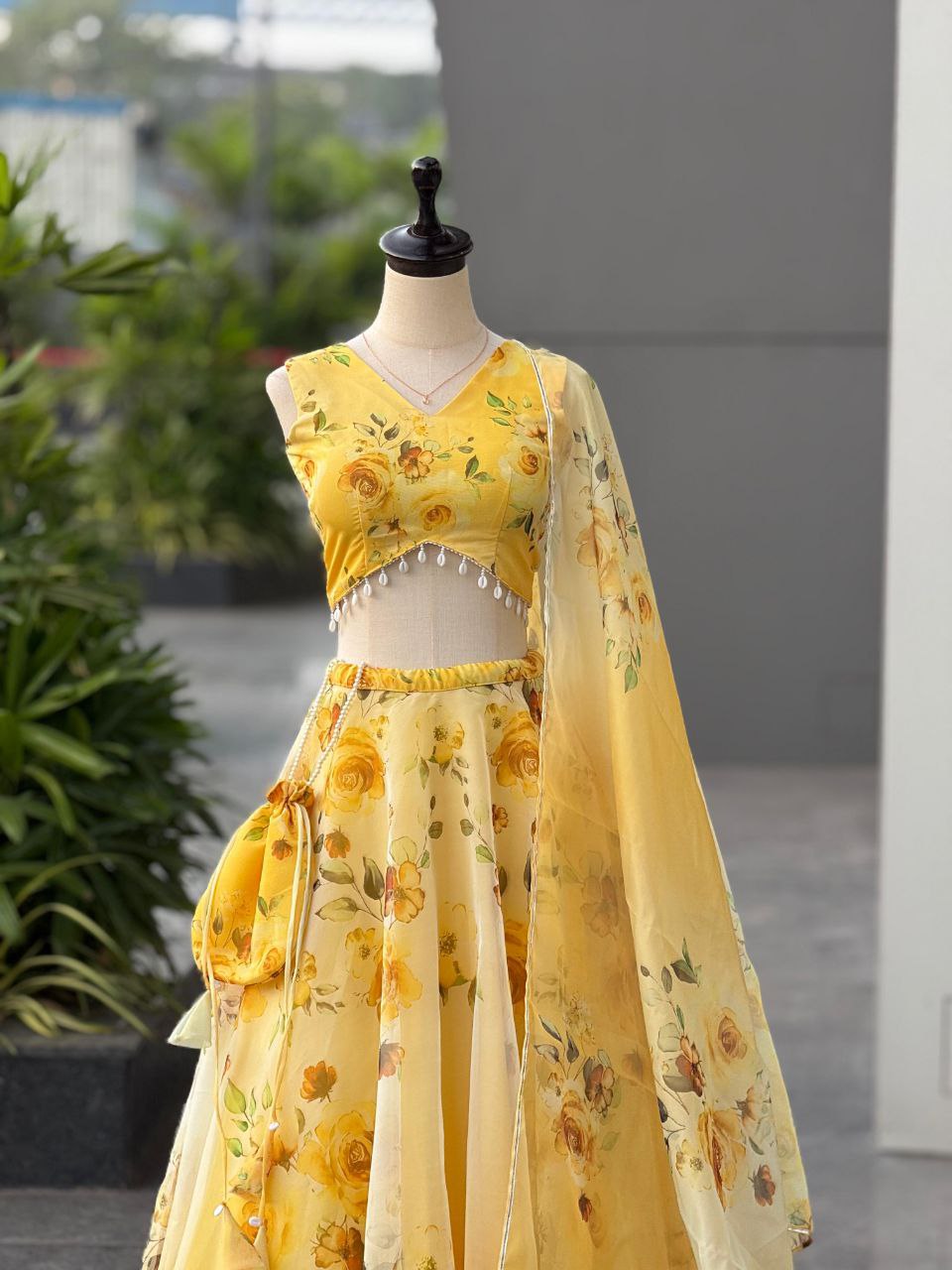 Yellow Color Organza Silk Fully Stiched Lehenga Choli With Potali Bag