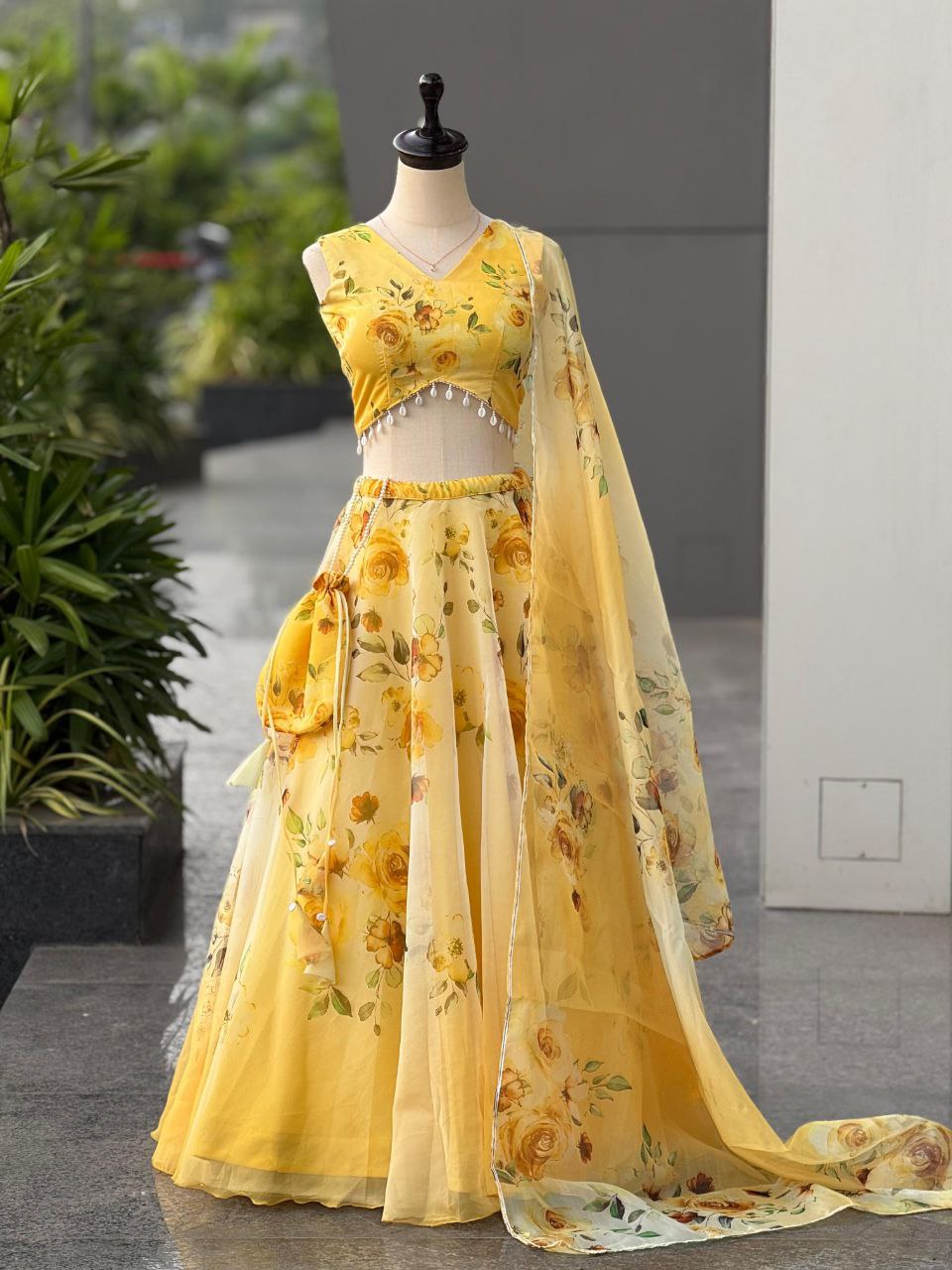 Yellow Color Organza Silk Fully Stiched Lehenga Choli With Potali Bag