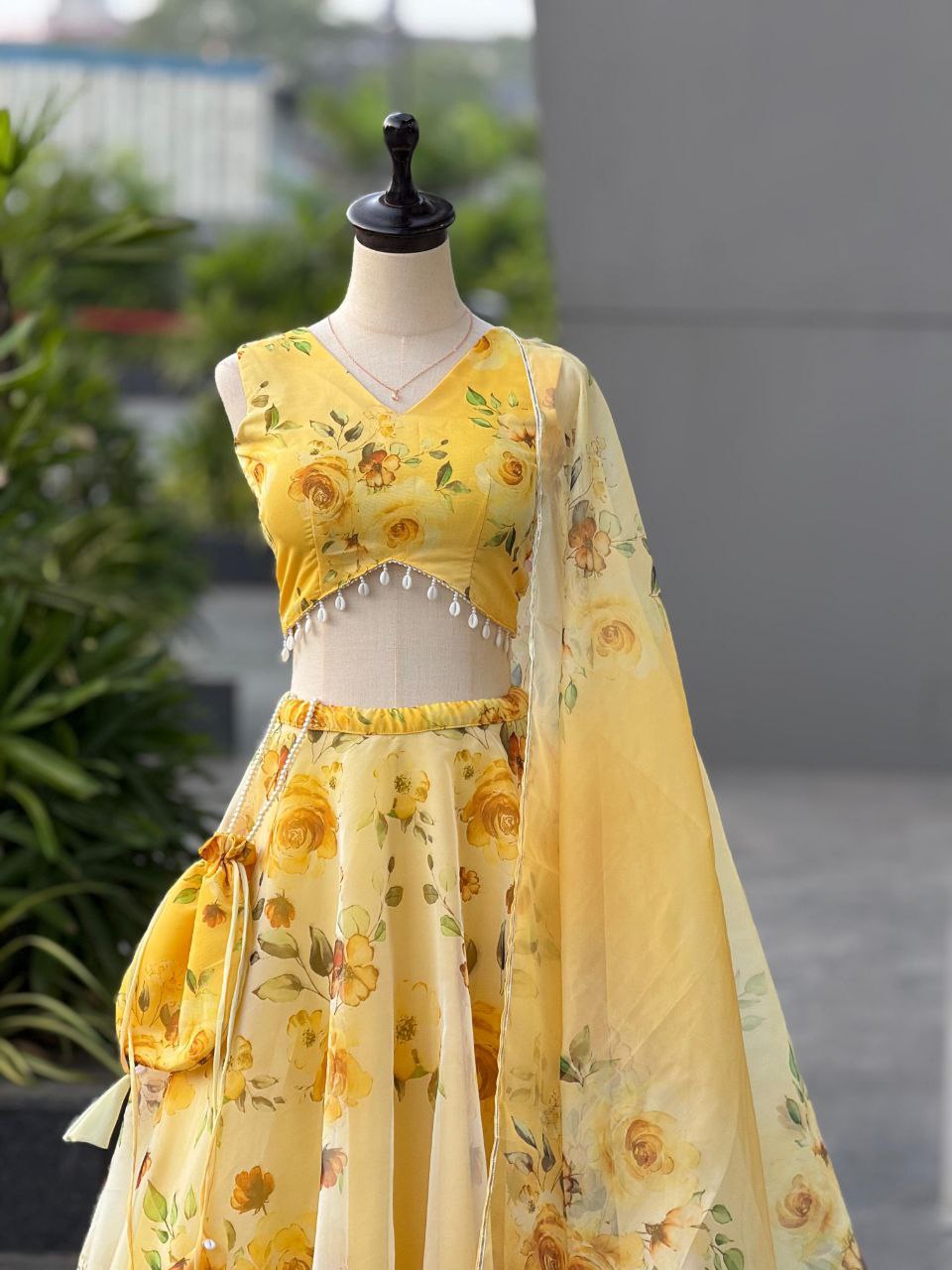 Yellow Color Organza Silk Fully Stiched Lehenga Choli With Potali Bag