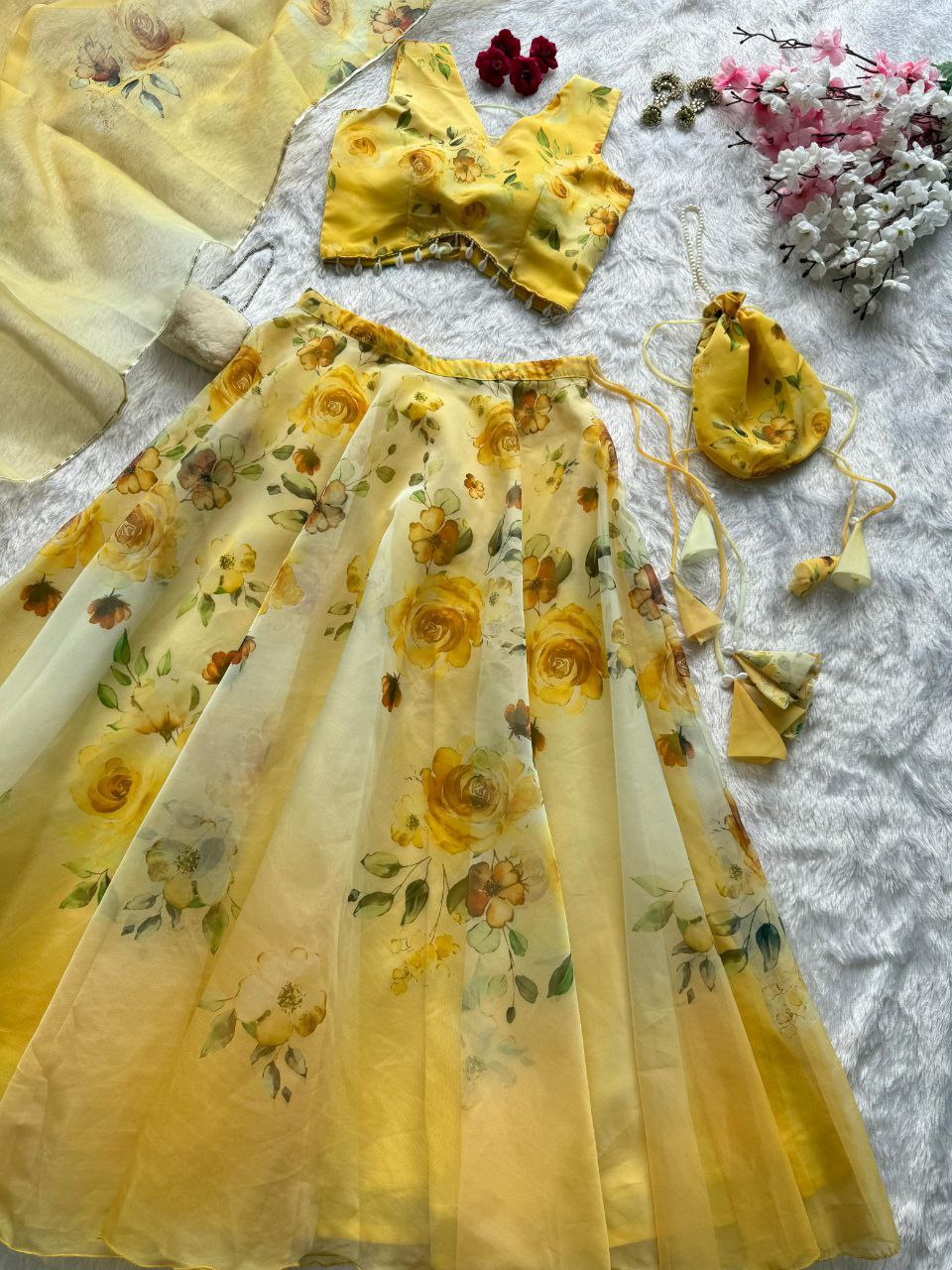 Yellow Color Organza Silk Fully Stiched Lehenga Choli With Potali Bag