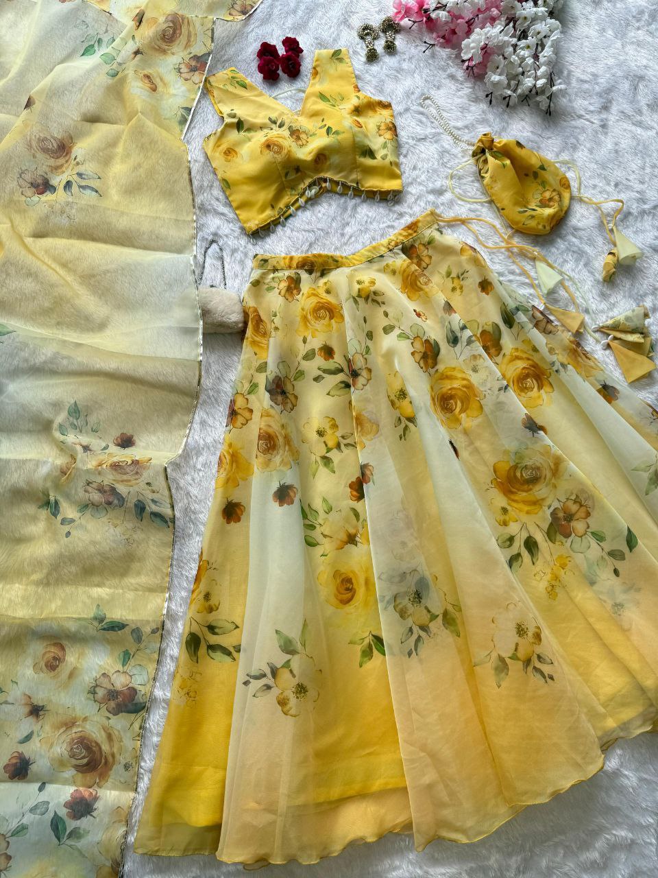 Yellow Color Organza Silk Fully Stiched Lehenga Choli With Potali Bag