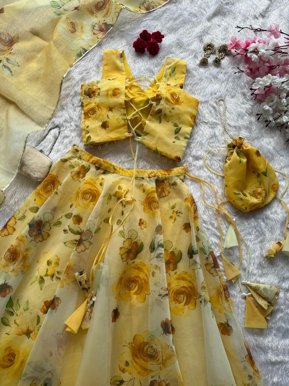 Yellow Color Organza Silk Fully Stiched Lehenga Choli With Potali Bag