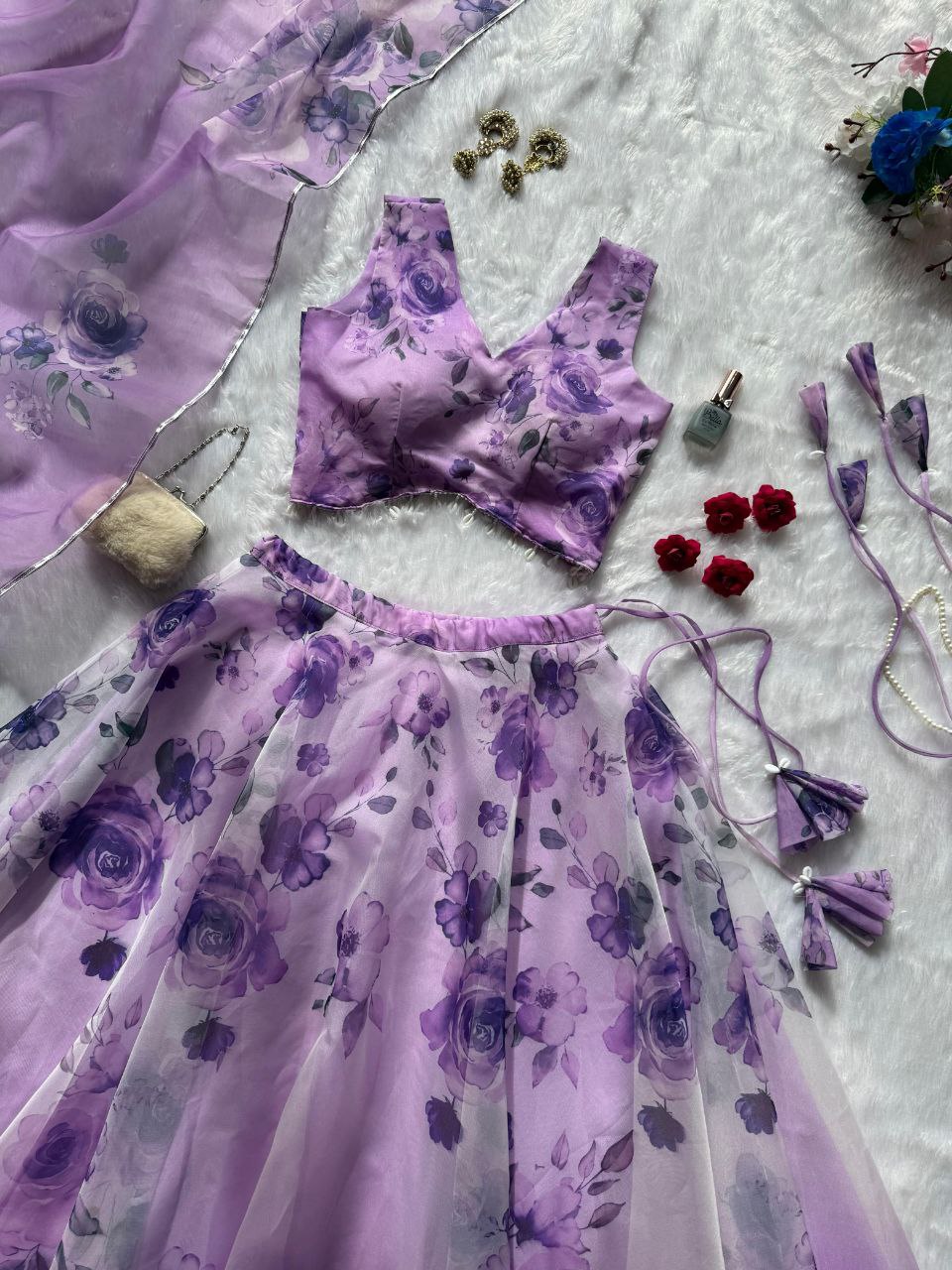 Lavender Color Organza Silk Fully Stiched Lehenga Choli With Potali Bag
