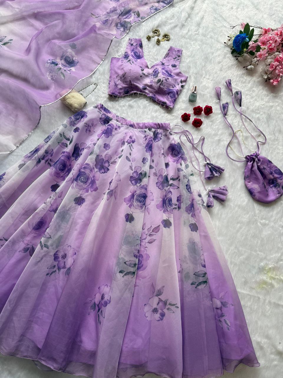 Lavender Color Organza Silk Fully Stiched Lehenga Choli With Potali Bag