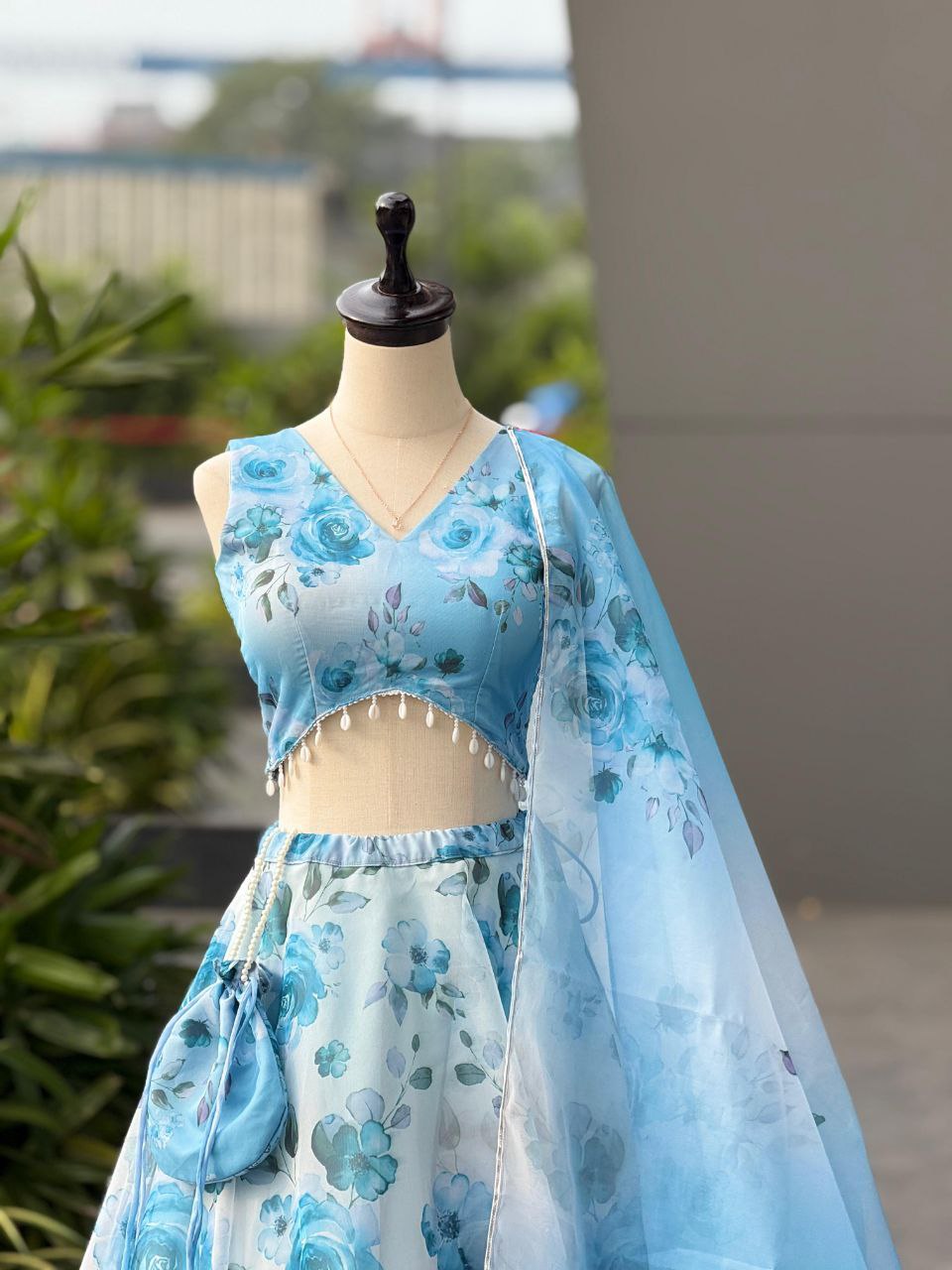 Sky Blue Color Organza Silk Fully Stiched Lehenga Choli With Potali Bag