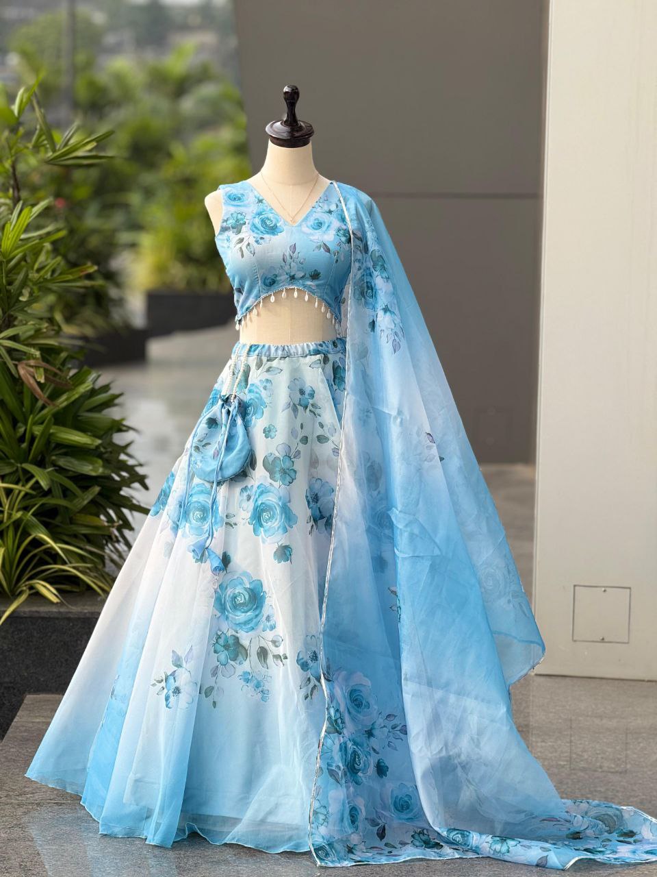 Sky Blue Color Organza Silk Fully Stiched Lehenga Choli With Potali Bag
