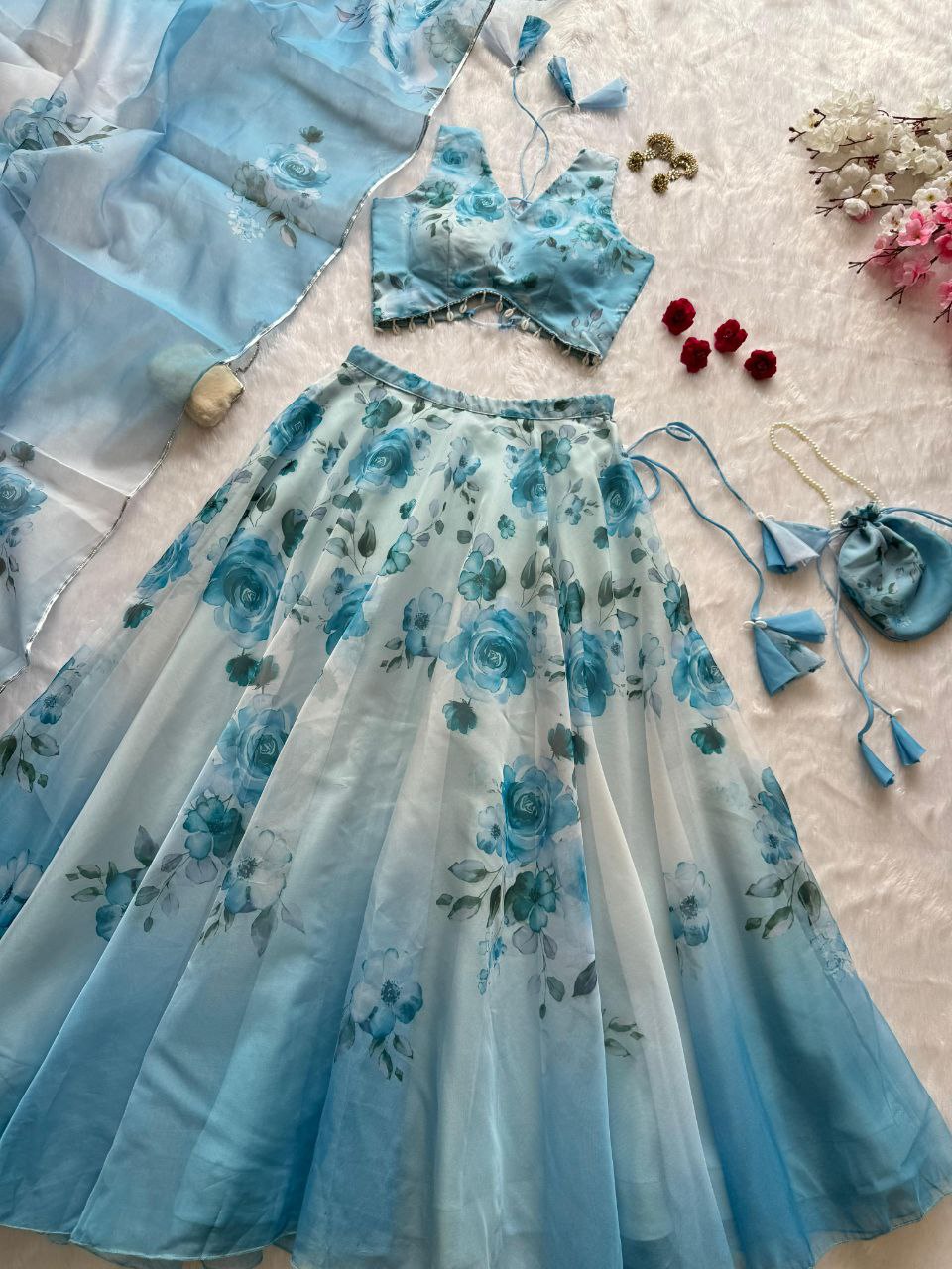 Sky Blue Color Organza Silk Fully Stiched Lehenga Choli With Potali Bag