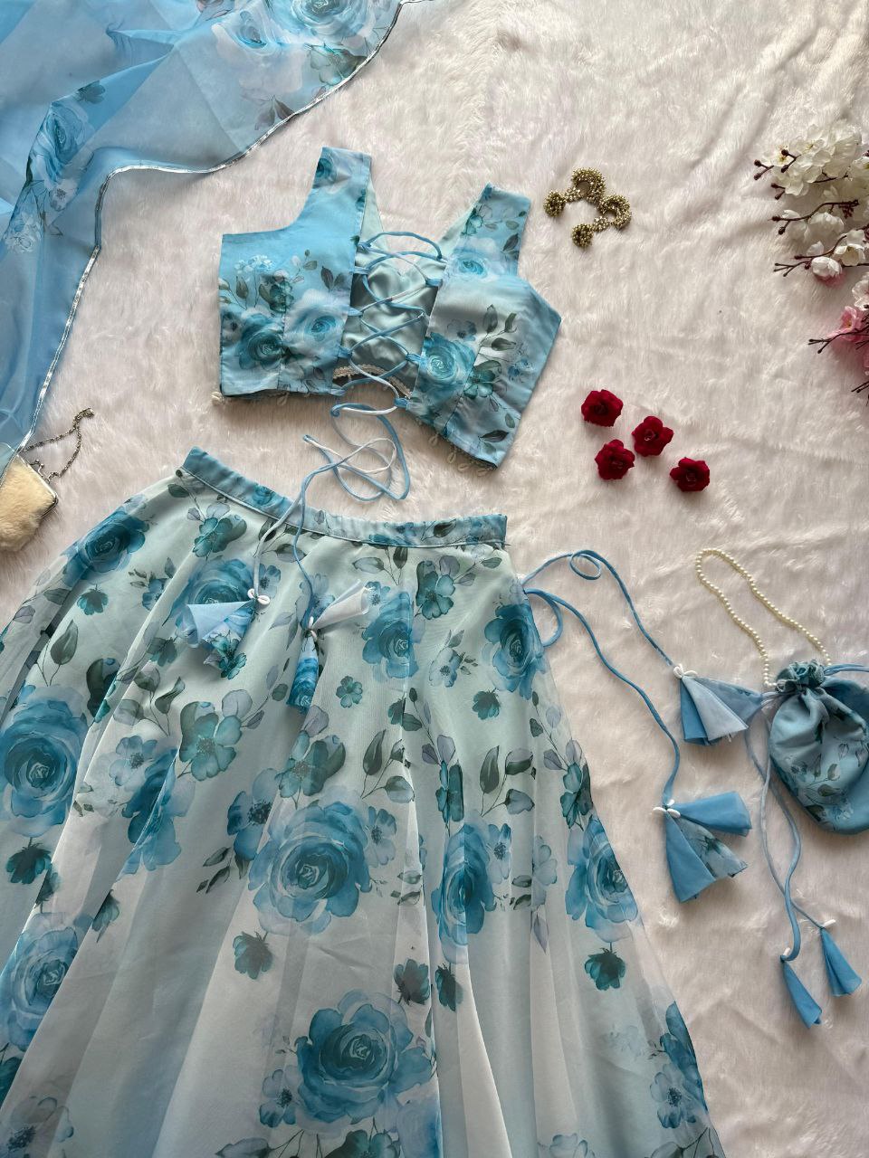 Sky Blue Color Organza Silk Fully Stiched Lehenga Choli With Potali Bag