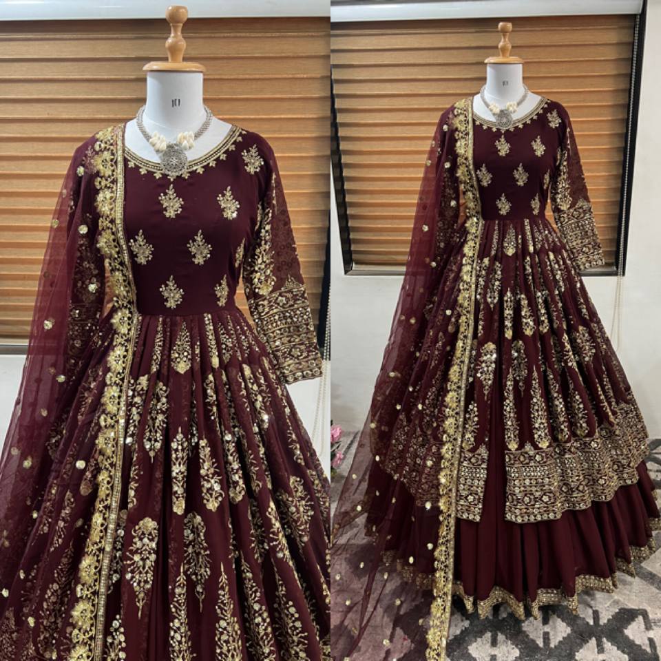 Wedding Wear Maroon Color Faux Georgette With Heavy Embroidery Sequence Work Lehenga Suit