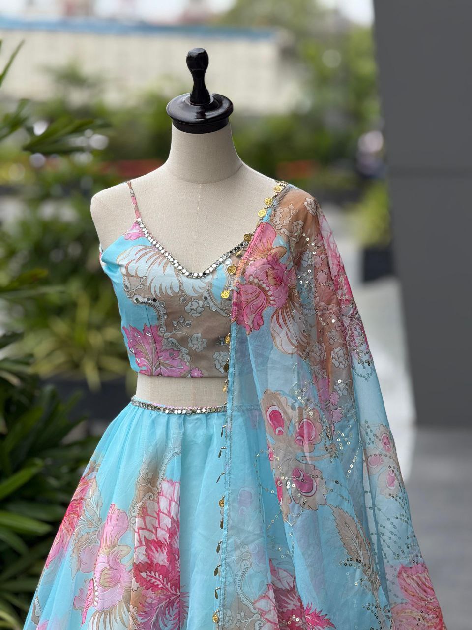 Party Wear Sky Blue Color Organza Real Mirror Work Lehenga Set