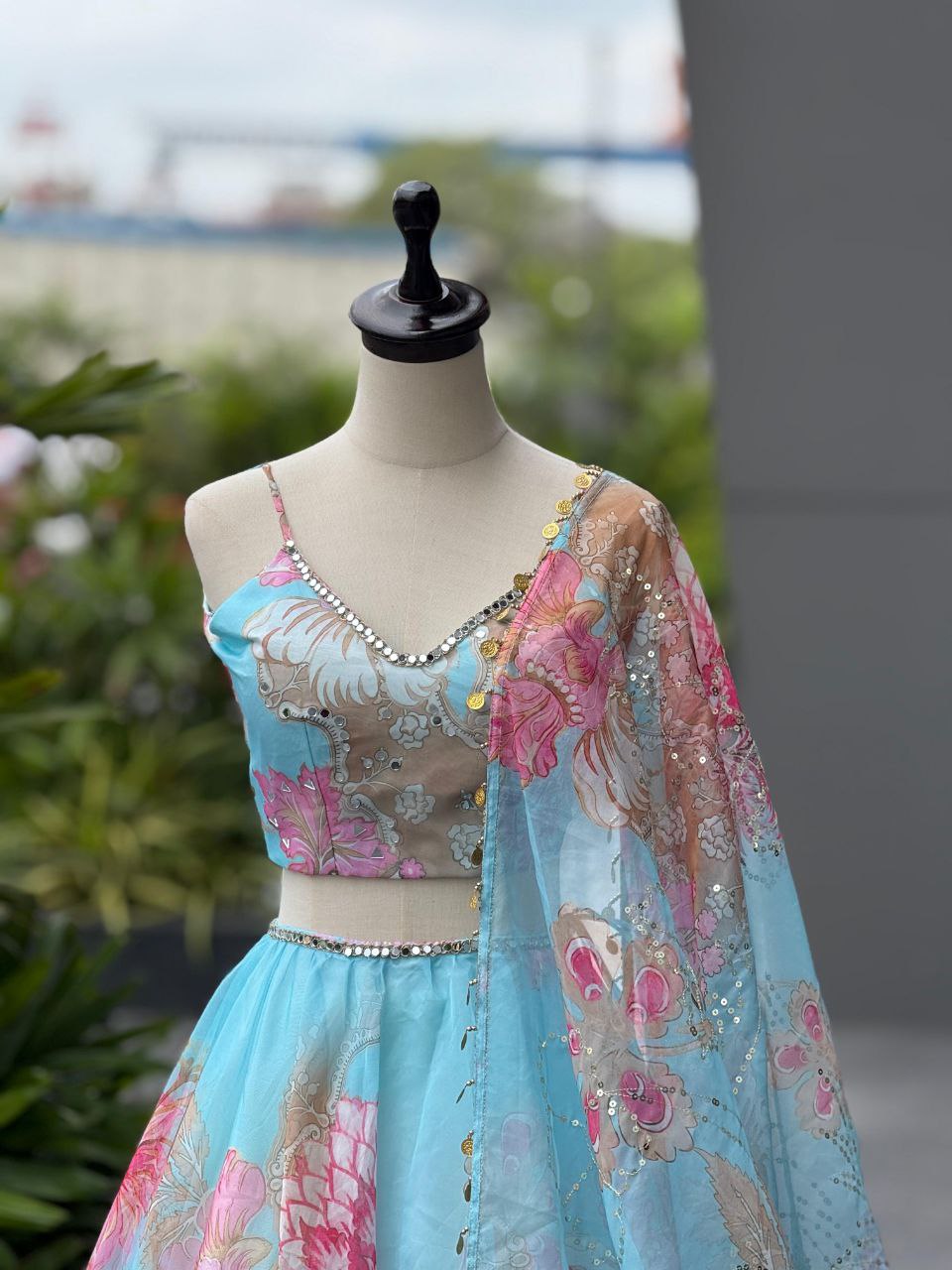 Party Wear Sky Blue Color Organza Real Mirror Work Lehenga Set