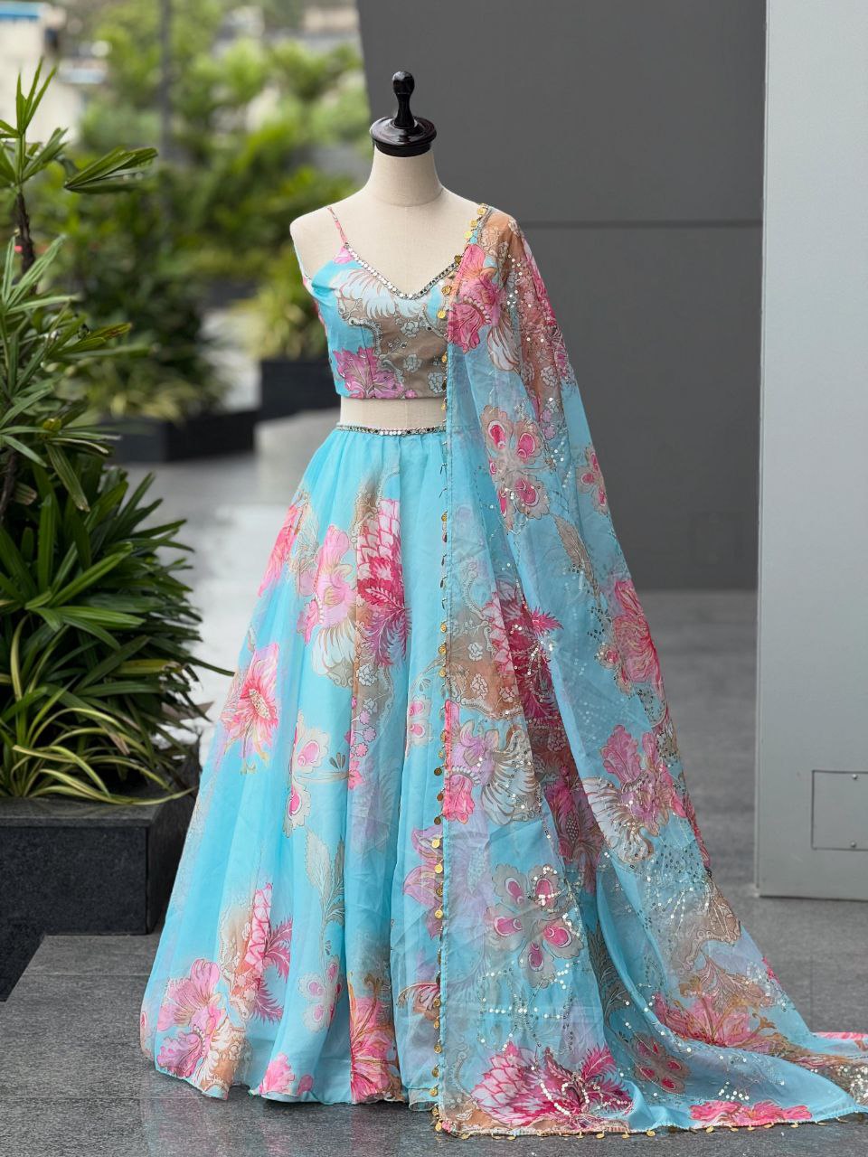 Party Wear Sky Blue Color Organza Real Mirror Work Lehenga Set