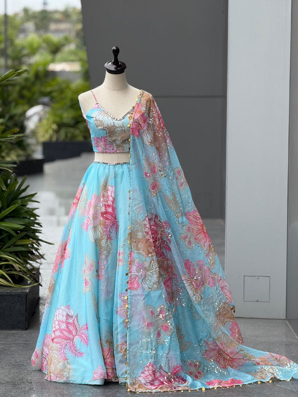 Party Wear Sky Blue Color Organza Real Mirror Work Lehenga Set
