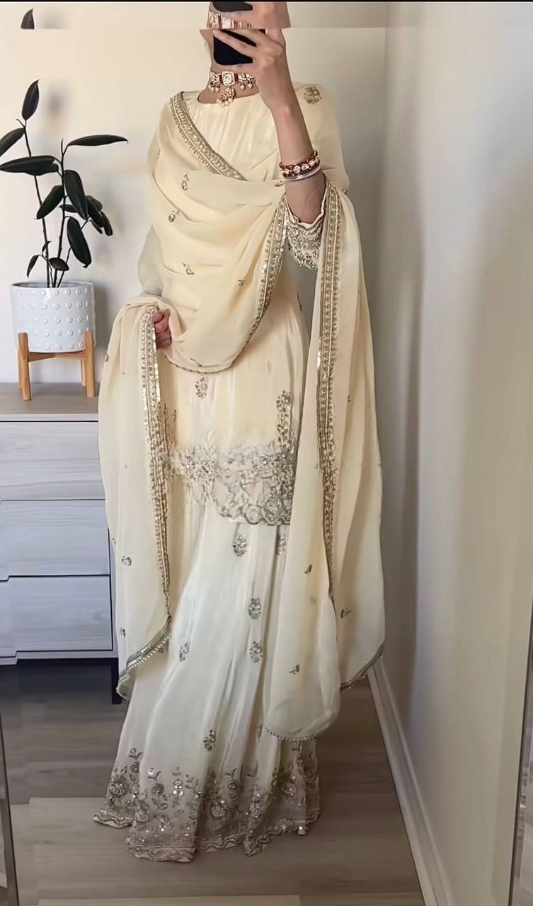 Elegant ivory embroidered ethnic sharara suit | Sharara Set For Women
