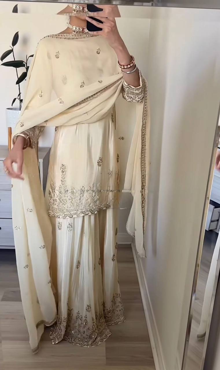 Elegant ivory embroidered ethnic sharara suit | Sharara Set For Women