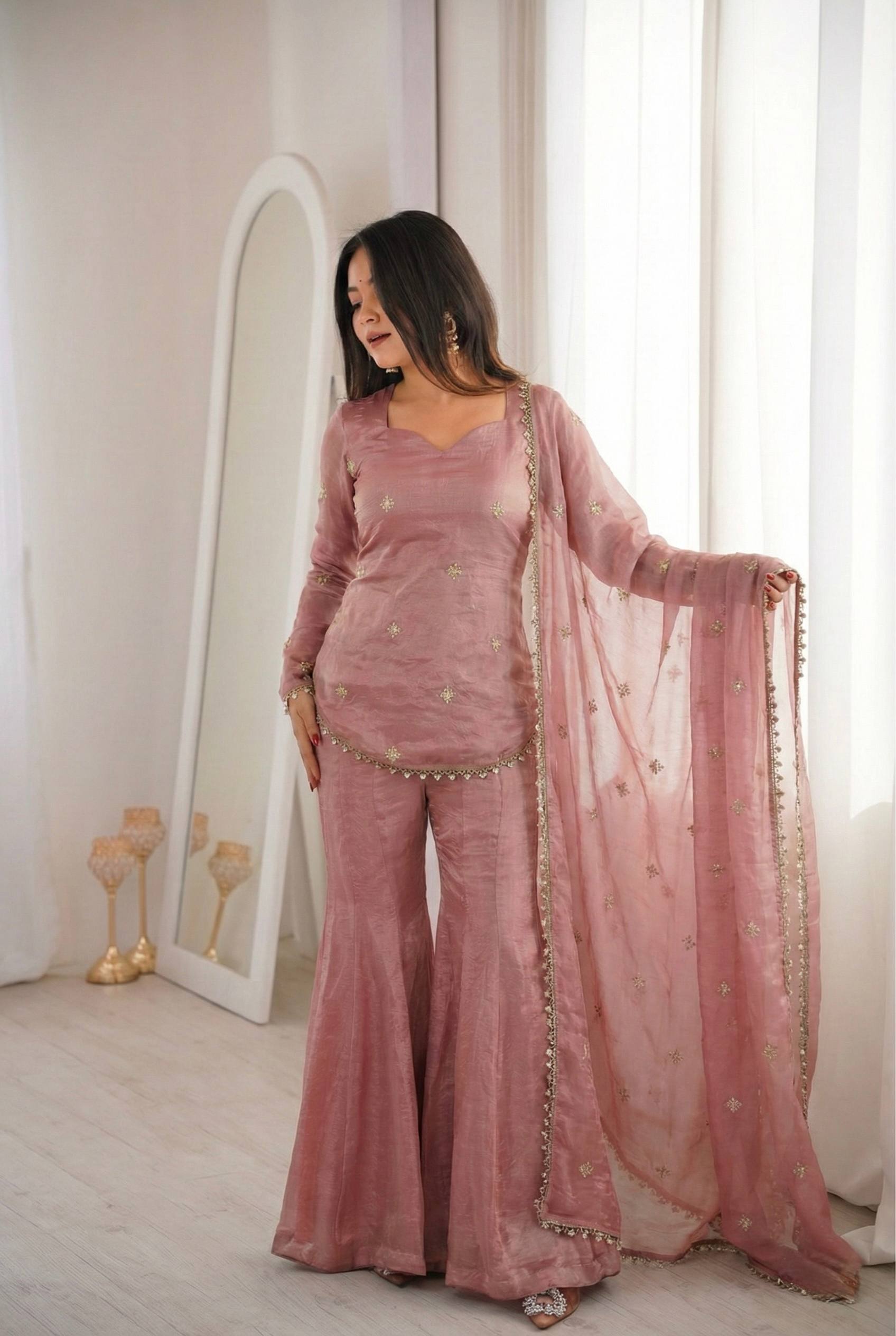 Chic and Graceful Three-Tone Ethnic Set | Sharara Set For Women