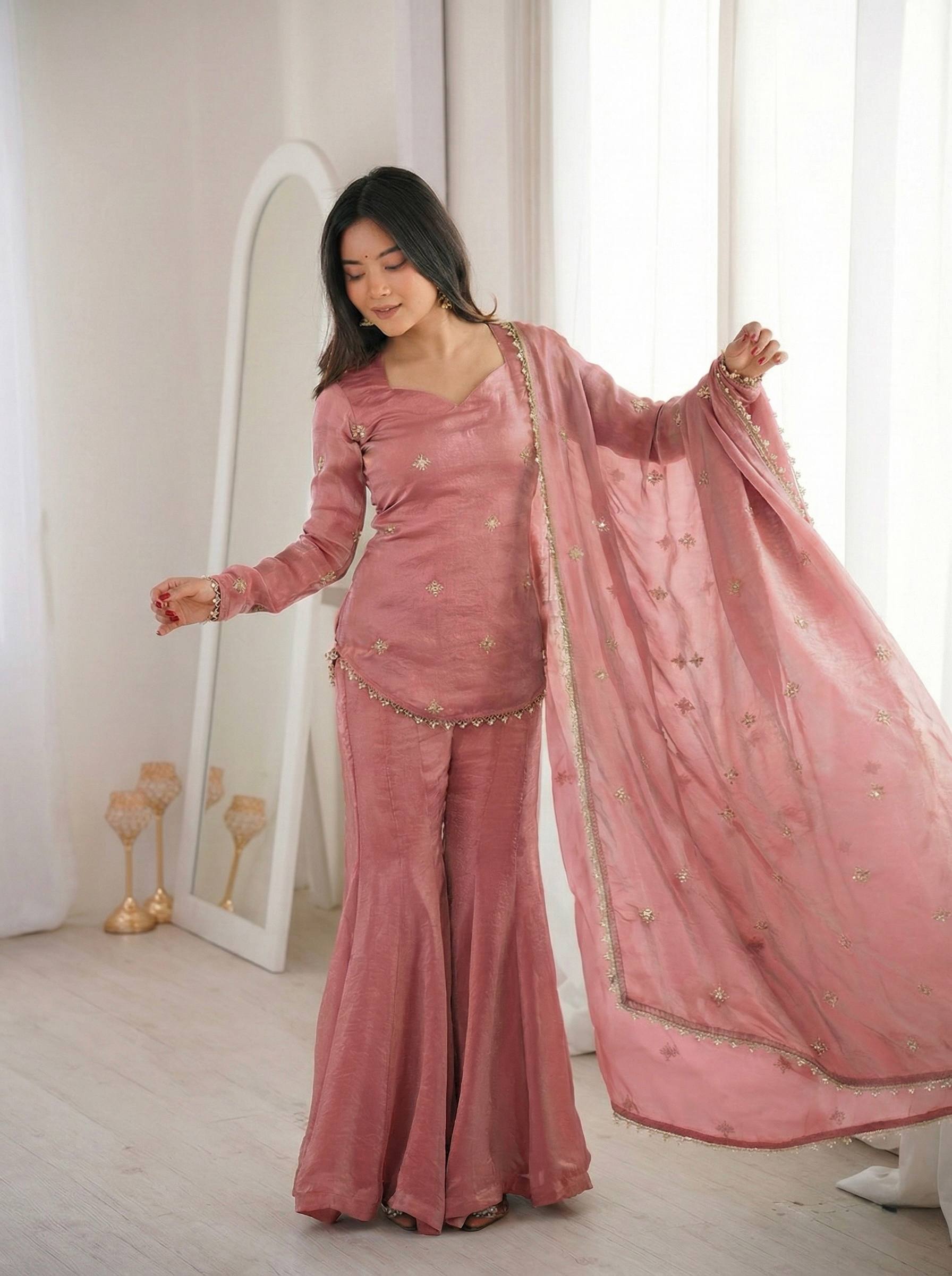 Chic and Graceful Three-Tone Ethnic Set | Sharara Set For Women