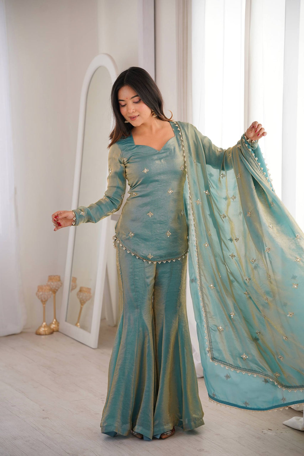 Chic and Graceful Three-Tone Ethnic Set | Sharara Set For Women