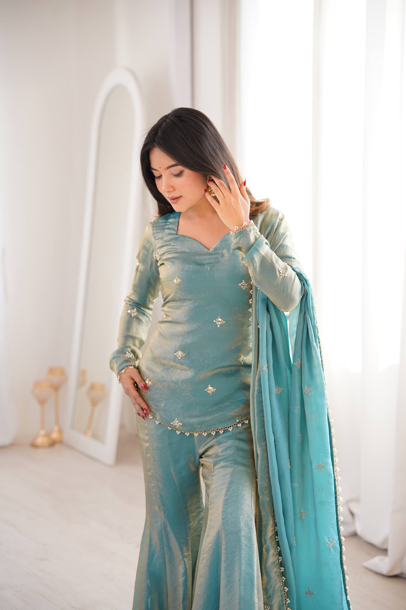 Chic and Graceful Three-Tone Ethnic Set | Sharara Set For Women