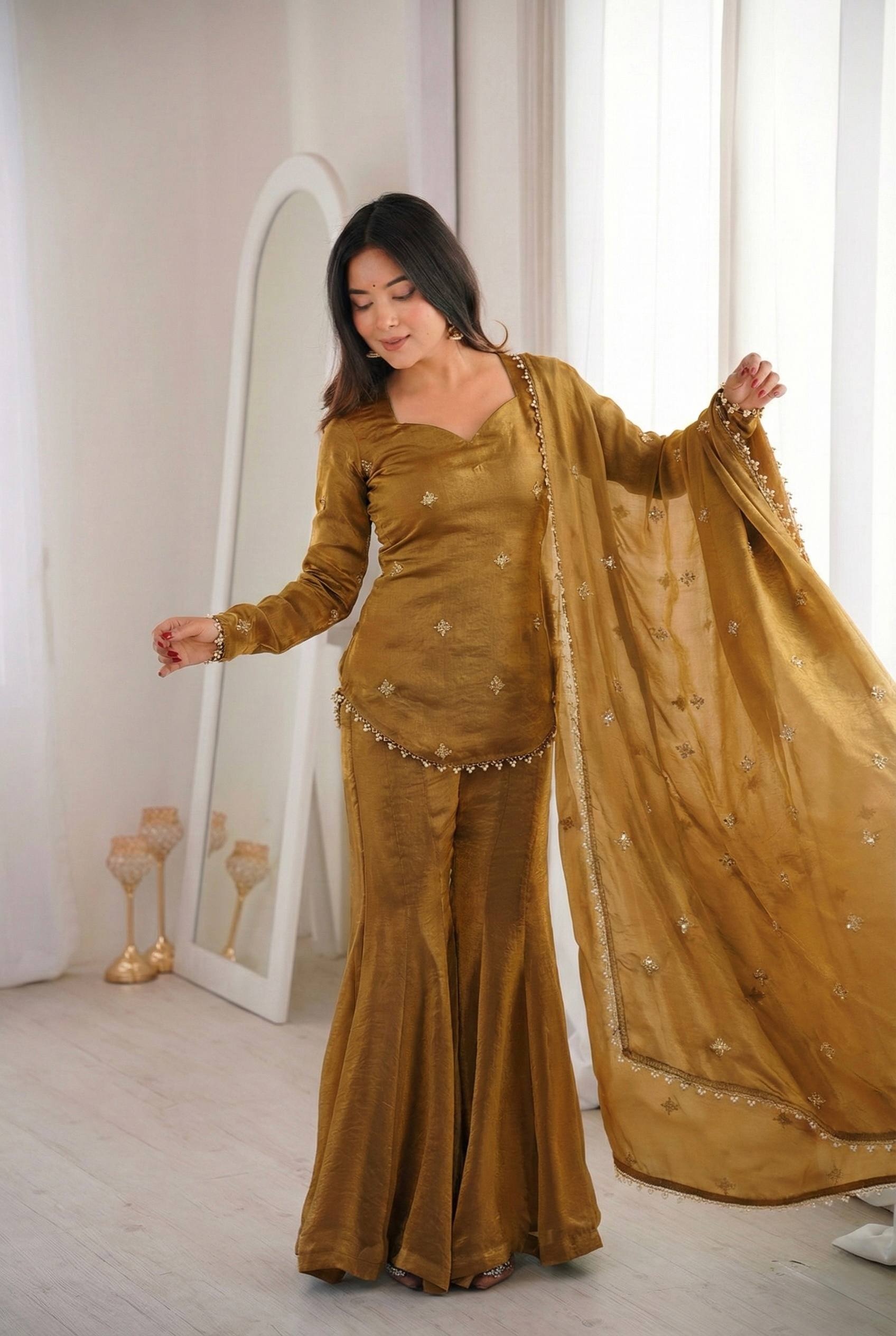 Chic and Graceful Three-Tone Ethnic Set | Sharara Set For Women